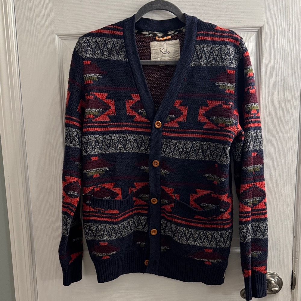 Koto Men's Navy and Red Patterned Cardigan